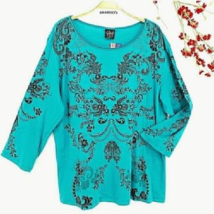 New KATINA MARIE Abstract Floral Art Embellished 3/4 sleeves Top sz 3X